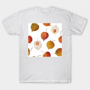 Physalis buds, Cape gooseberry flowers watercolor pattern. Colorful Golden berry. Autumn berries floral print T-Shirt